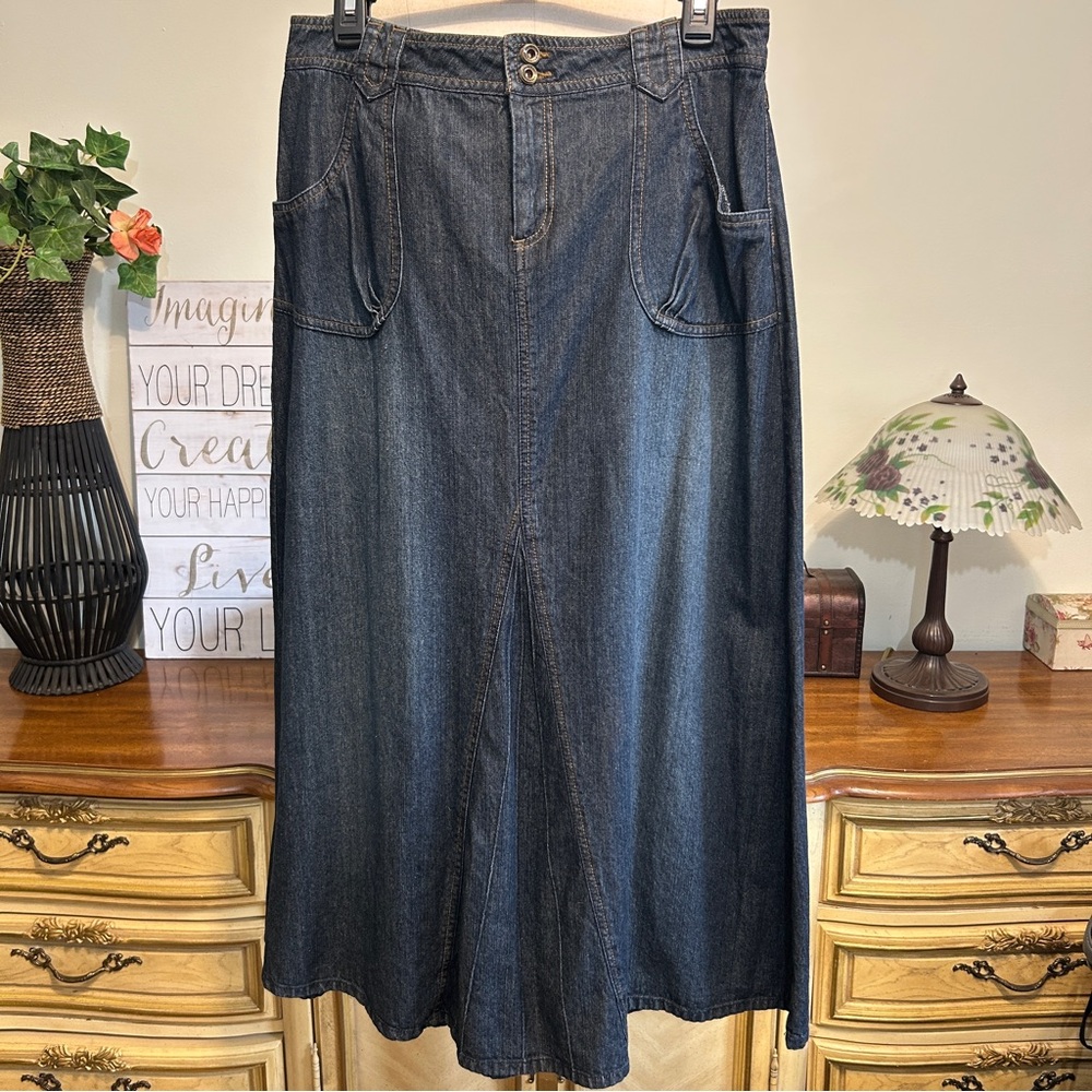 French Cuff Blue Dark Wash Denim A-Line Midi Skirt